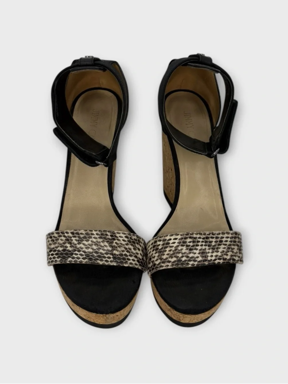 Jimmy Choo Neston Cork Wedge Sandals Snakeskin & Black Leather Euro 41.5 US 10.5